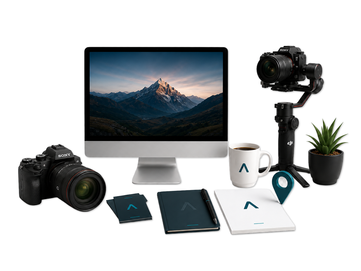 Auxcura brand package including desktop setup, cameras, mug, notebooks, and branded Auxcura assets